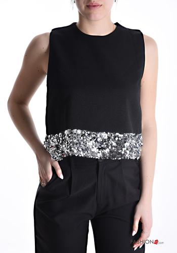 Top in Cotone corto senza maniche girocollo con paillettes - ph 1