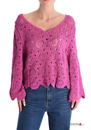 Maglione maniche extra lunghe Fantasia ricamata scollo a V - ph 1