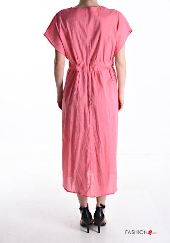 kurze ärmel Kleid aus Leinen mit Taschen mit kordelzug mit V-Ausschnitt - ph 2
