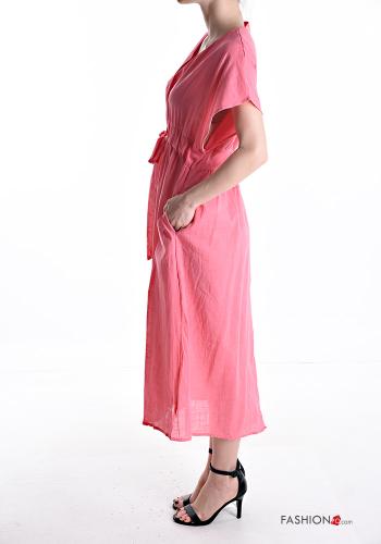 kurze ärmel Kleid aus Leinen mit Taschen mit kordelzug mit V-Ausschnitt - ph 3
