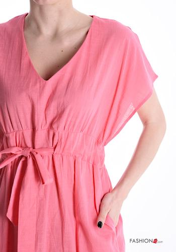 kurze ärmel Kleid aus Leinen mit Taschen mit kordelzug mit V-Ausschnitt - ph 4