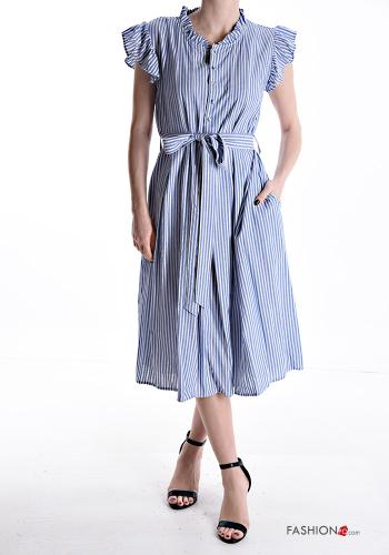 Abito in Cotone maniche volant Fantasia righe con cintura in stoffa con bottoni con tasche - ph 1