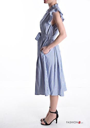 Abito in Cotone maniche volant Fantasia righe con cintura in stoffa con bottoni con tasche - ph 3