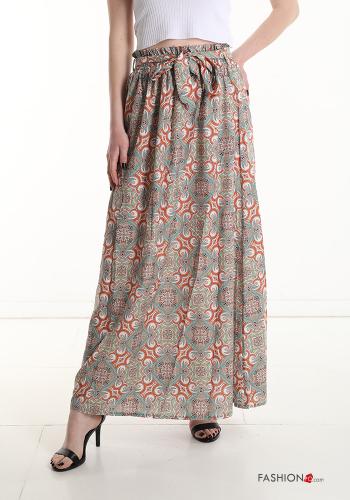 Patterned Longuette Skirt with fabric belt with elastic