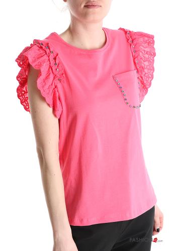 ruffle sleeve Cotton T-shirt with rhinestones broderie anglaise