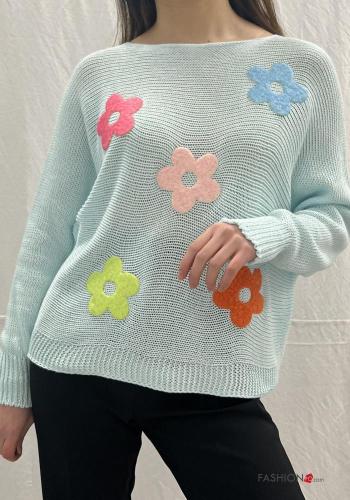 Blumenmuster Strickpullover aus Baumwolle schulterfrei - ph 1