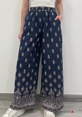 Patterned wide leg Cotton Trousers with pockets with elastic