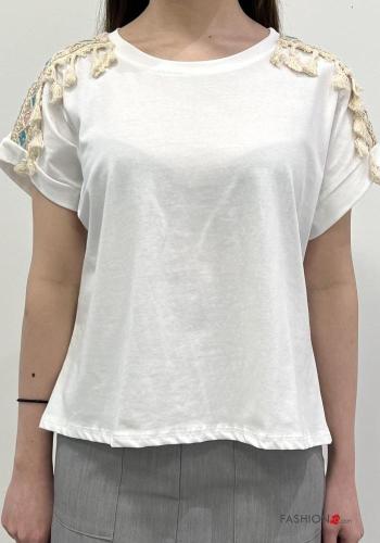 T-shirt in Cotone maniche corte girocollo Fantasia ricamata con frange - ph 1