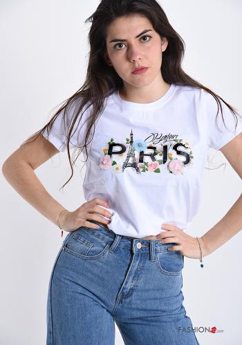 T-shirt in Cotone Fantasia scritta con strass