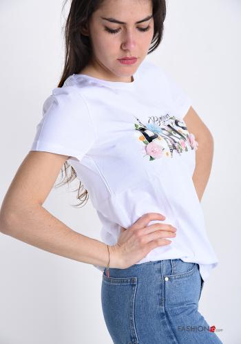 T-shirt in Cotone Fantasia scritta con strass - ph 3