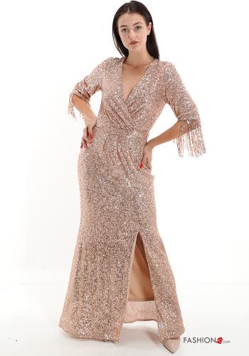 long Dress with sequins with split with v-neck