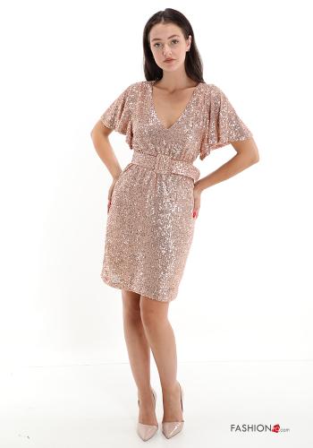 Abito maniche corte al ginocchio con paillettes con cintura scollo a V