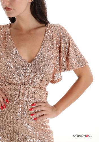 Abito maniche corte al ginocchio con paillettes con cintura scollo a V - ph 4