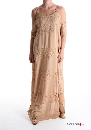lace trim long Cotton Dress with flounces with v-neck