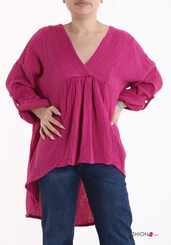 asymmetrisch Bluse aus Baumwolle mit V-Ausschnitt 3/4 ärmel - ph 1