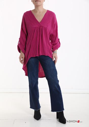 asymmetrisch Bluse aus Baumwolle mit V-Ausschnitt 3/4 ärmel - ph 5