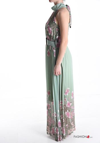 Floral sleeveless long pleated Dress with belt - ph 3