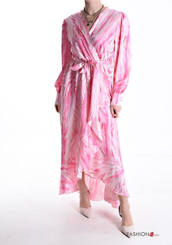 Robe longue imprimé à col en V avec ceinture écharpe à volants - ph 1