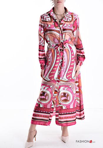 Patterned long with collar Shirt dress with sash - ph 1