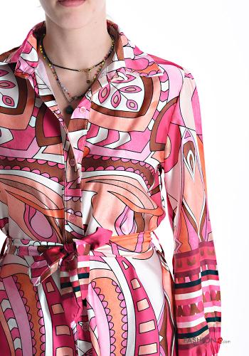 Patterned long with collar Shirt dress with sash - ph 4