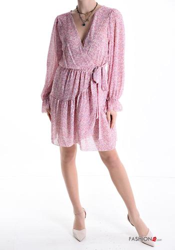 Floral long sleeve knee-length Dress with flounces with elastic with bow