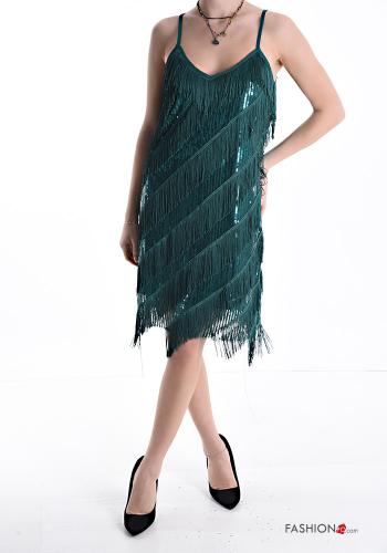sleeveless knee-length Dress with sequins with fringe with v-neck