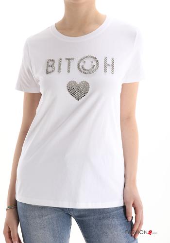 T-shirt in Cotone Fantasia scritta con strass - ph 1