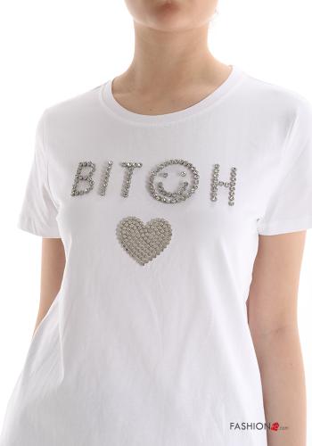 T-shirt in Cotone Fantasia scritta con strass - ph 4