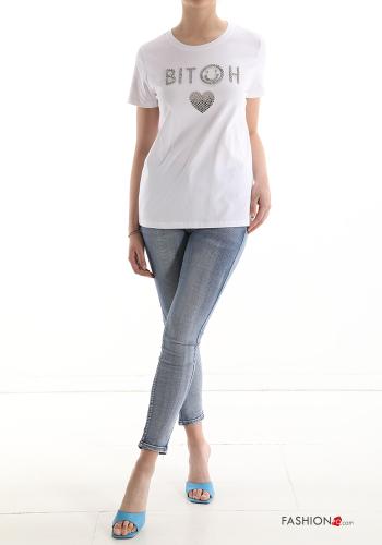 T-shirt in Cotone Fantasia scritta con strass - ph 5