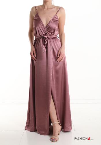 Vestido cetim sem mangas longo gola V com faixa com fenda - ph 1