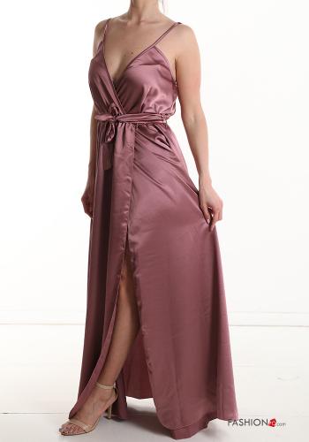 Vestido cetim sem mangas longo gola V com faixa com fenda - ph 3