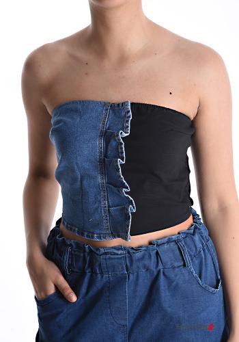 denim sleeveless Cotton Top with elastic - ph 1