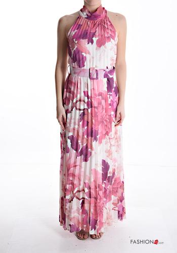 Floral sleeveless long pleated Dress with belt