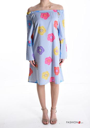 Vestido manga comprida pelo joelho Floral com elástico