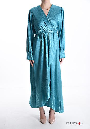 Abito lungo Fantasia animalier con fusciacca con balze scollo a V