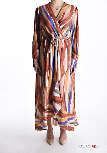Multicoloured long Dress with flounces with sash with v-neck - ph 1