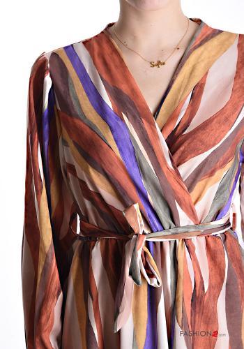 Multicoloured long Dress with flounces with sash with v-neck - ph 4