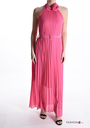 sleeveless long pleated Dress with belt with bow