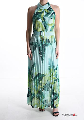 Floral sleeveless long pleated Dress with belt