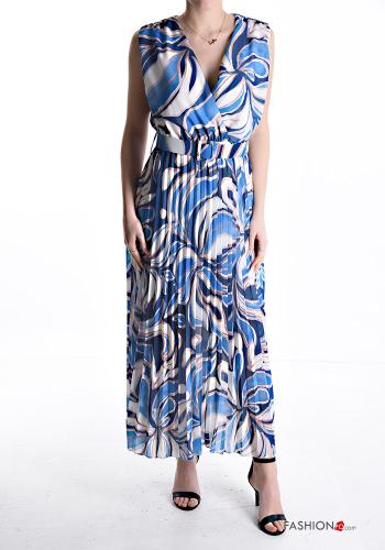 Abstract print sleeveless long pleated Dress with belt plunging neckline