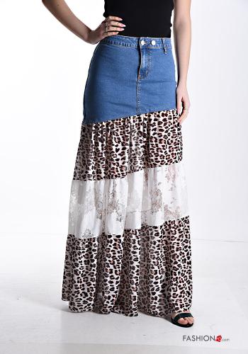 Animal print lace trim long denim Cotton Skirt with flounces with buttons