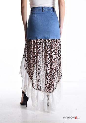 Jupe en Coton en denim asymétrique détail dentelle Imprimé animalier à volants avec fermeture éclair à boutons - ph 2