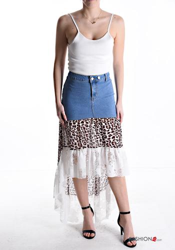 Jupe en Coton en denim asymétrique détail dentelle Imprimé animalier à volants avec fermeture éclair à boutons - ph 5