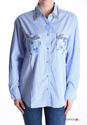 Striped long sleeve with collar Cotton Shirt with buttons with rhinestones with pockets