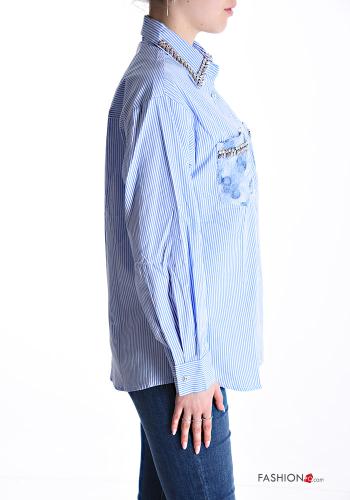Striped long sleeve with collar Cotton Shirt with buttons with rhinestones with pockets - ph 3