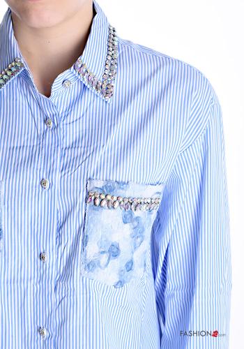 Striped long sleeve with collar Cotton Shirt with buttons with rhinestones with pockets - ph 4