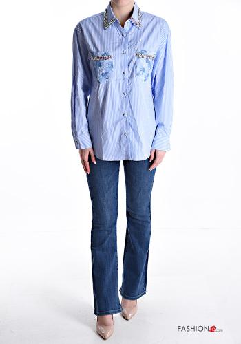 Striped long sleeve with collar Cotton Shirt with buttons with rhinestones with pockets - ph 5