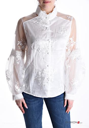 Embroidered puff sleeve long sleeve tulle sleeve Shirt Rollneck with buttons