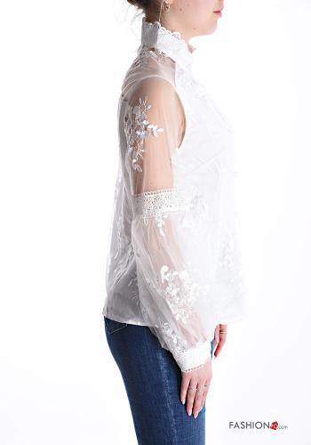 Chemise manches en tulle manches longues manches bouffantes à broderie à col roulé à boutons - ph 3