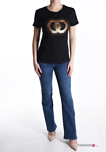 T-shirt in Cotone maniche corte girocollo Fantasia stampata con paillettes - ph 5